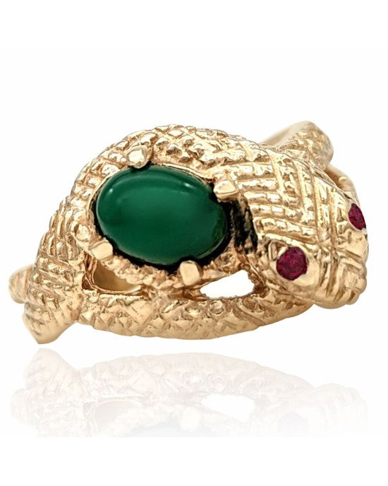 Chrysoprase and Ruby Snake Ring in Yellow Gold