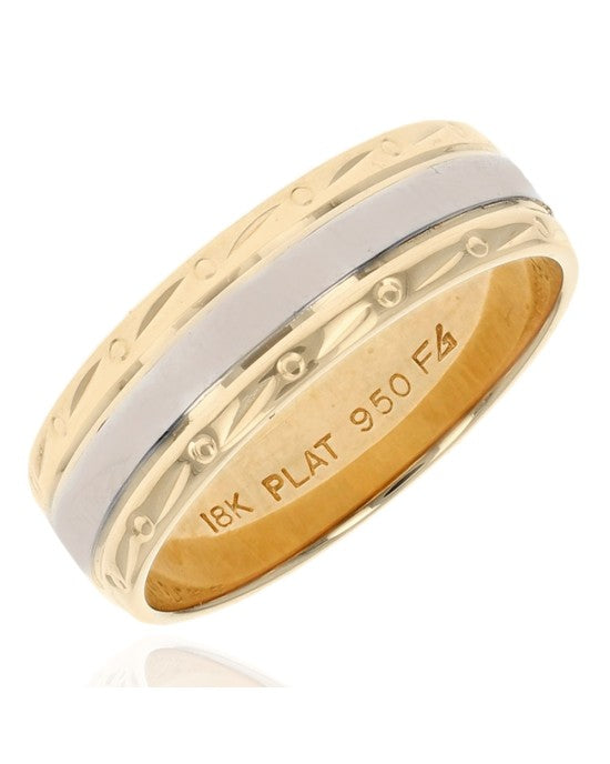 18k Yellow and Platinum Etched Band