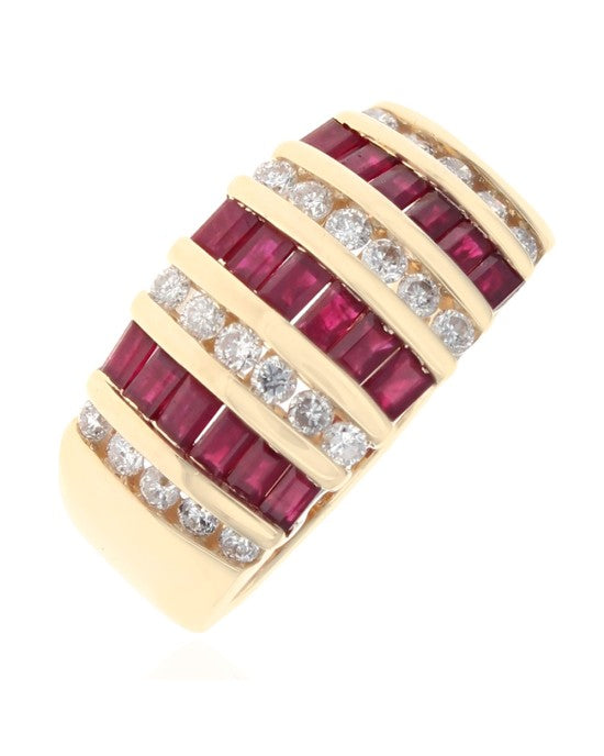 7 Row Ruby and Diamond Tapered Band in Yellow Gold