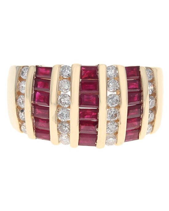 7 Row Ruby and Diamond Tapered Band in Yellow Gold