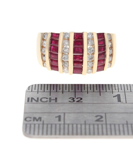 7 Row Ruby and Diamond Tapered Band in Yellow Gold