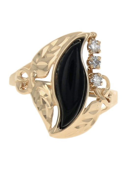Black Coral and Diamond Foliate Motif Ring in Yellow Gold