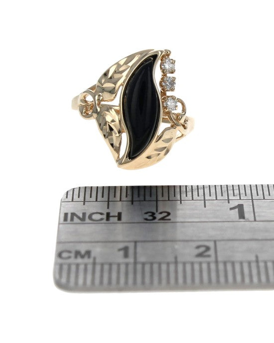 Black Coral and Diamond Foliate Motif Ring in Yellow Gold