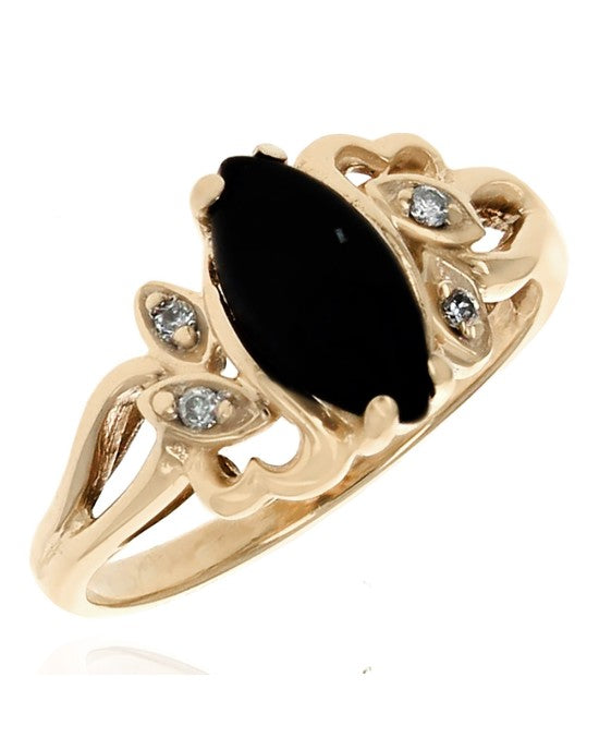 Black Coral and Diamond Accent Ring in Yellow Gold