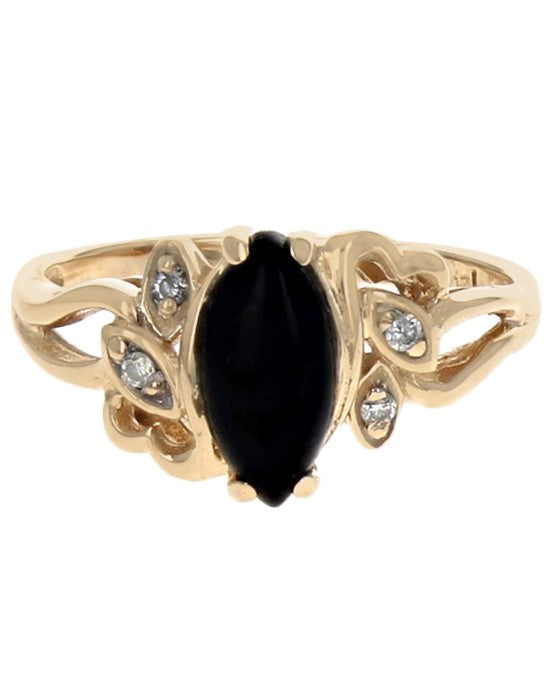 Black Coral and Diamond Accent Ring in Yellow Gold