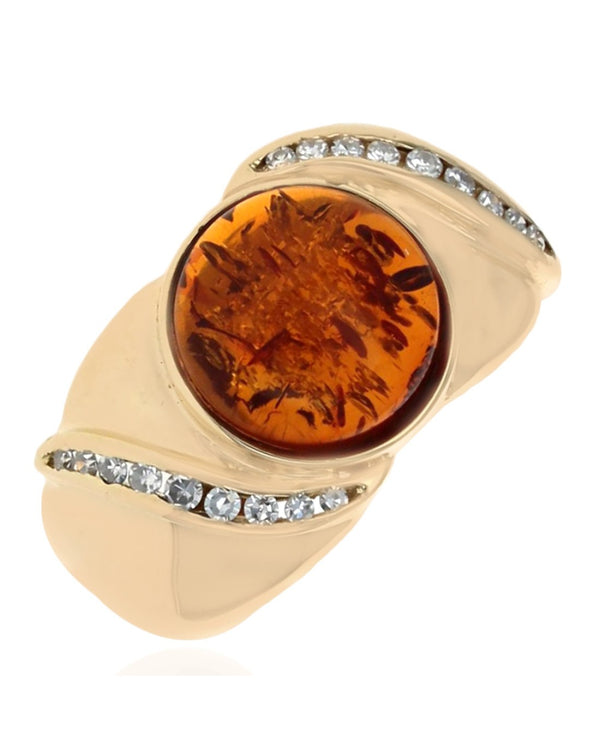 Gentlemans Amber Cabochon and Diamond Accent Ring