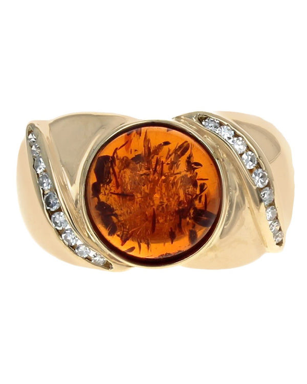 Gentlemans Amber Cabochon and Diamond Accent Ring