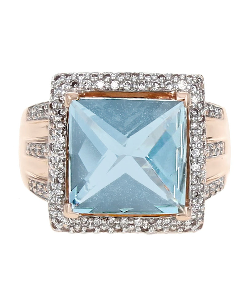 Checkerboard Aquamarine Cushion and Diamond Halo Ring