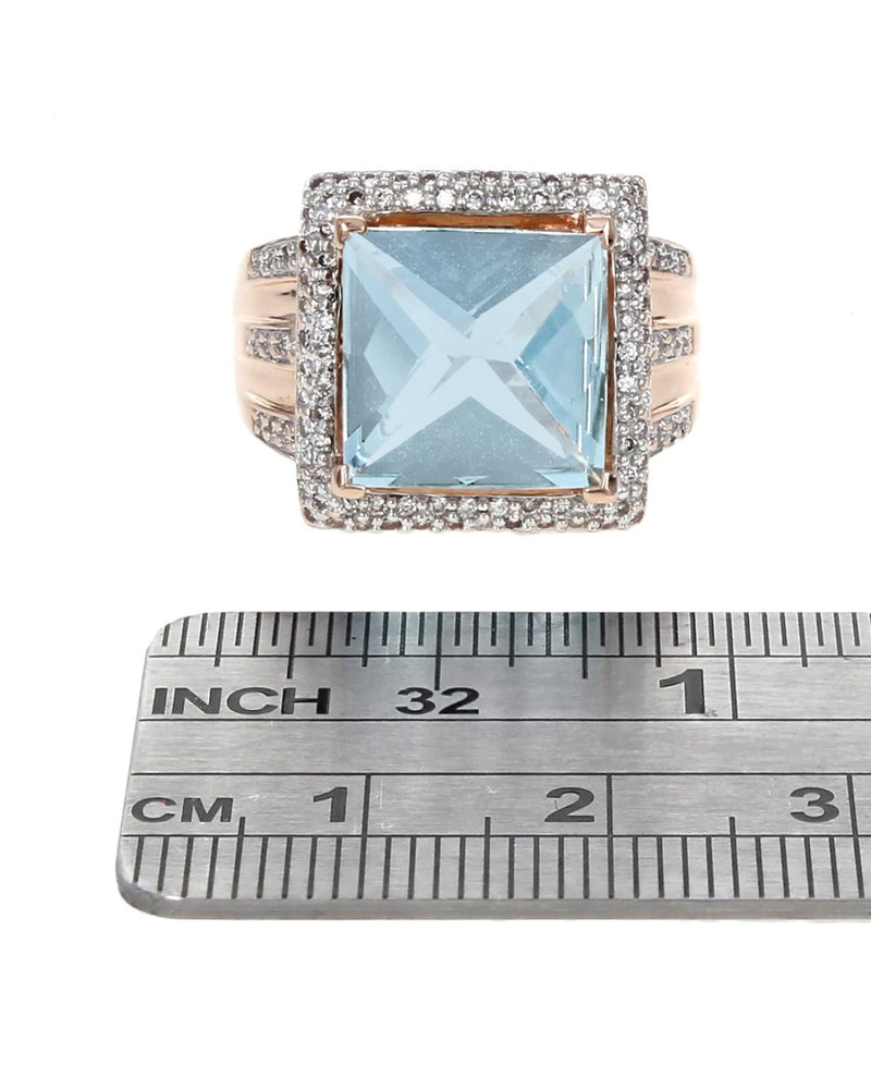 Checkerboard Aquamarine Cushion and Diamond Halo Ring