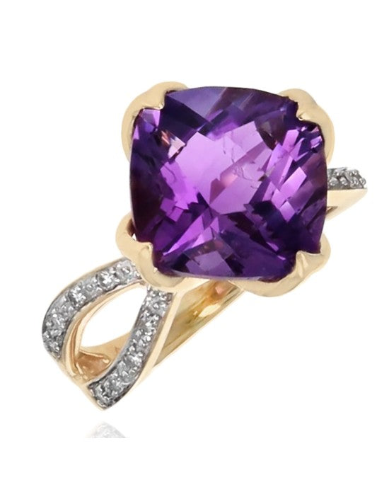 Amethyst Cushion and Diamond Split Shank Ring