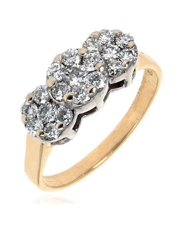Triple Cluster Diamond Ring in White and Yellow Gold