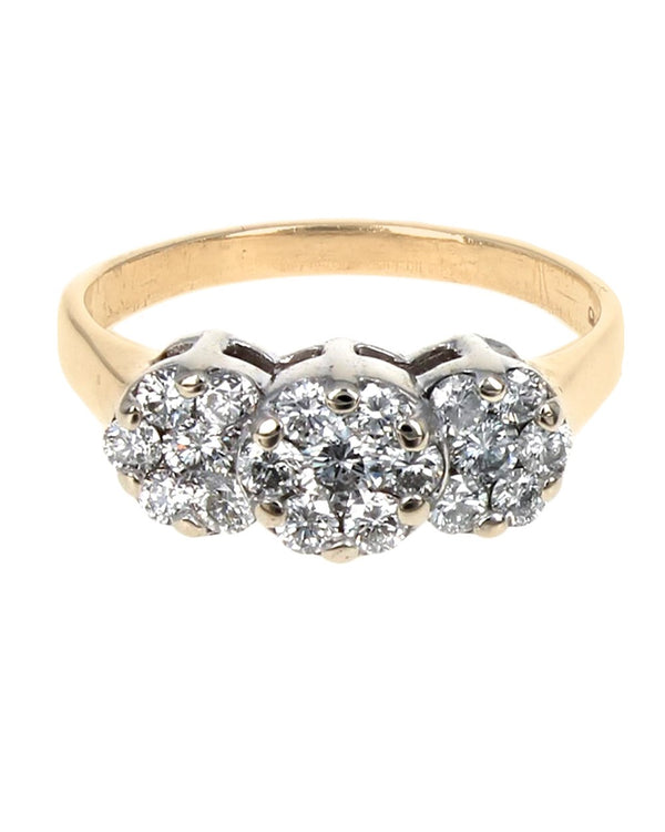 Triple Cluster Diamond Ring in White and Yellow Gold