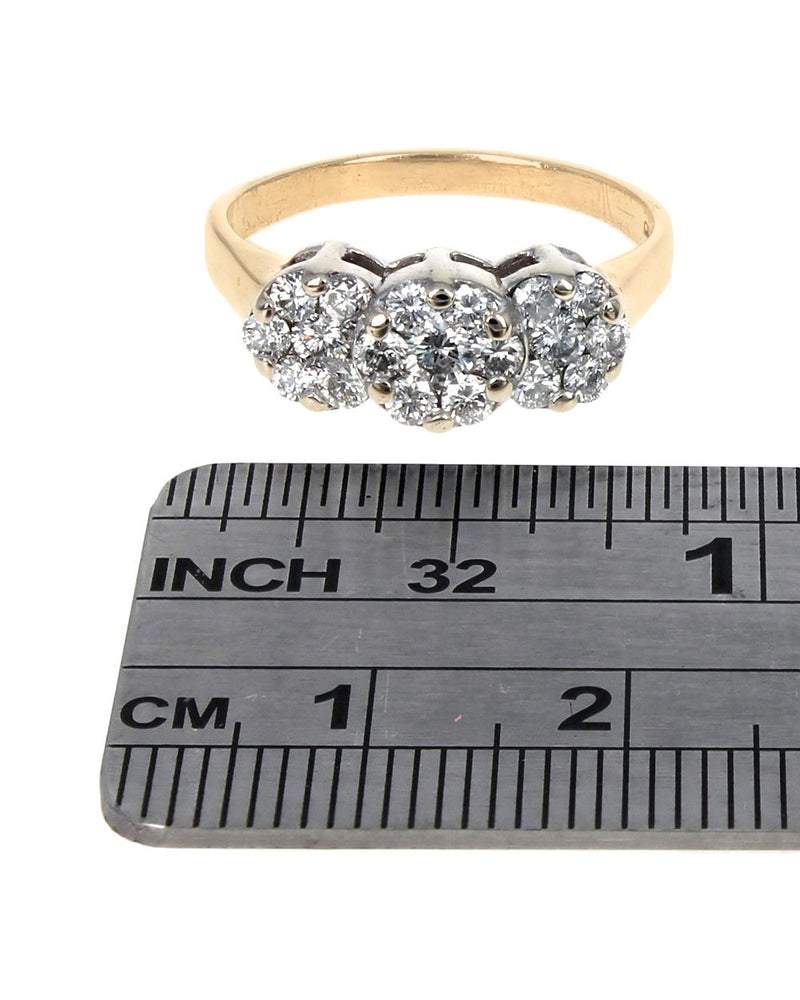 Triple Cluster Diamond Ring in White and Yellow Gold