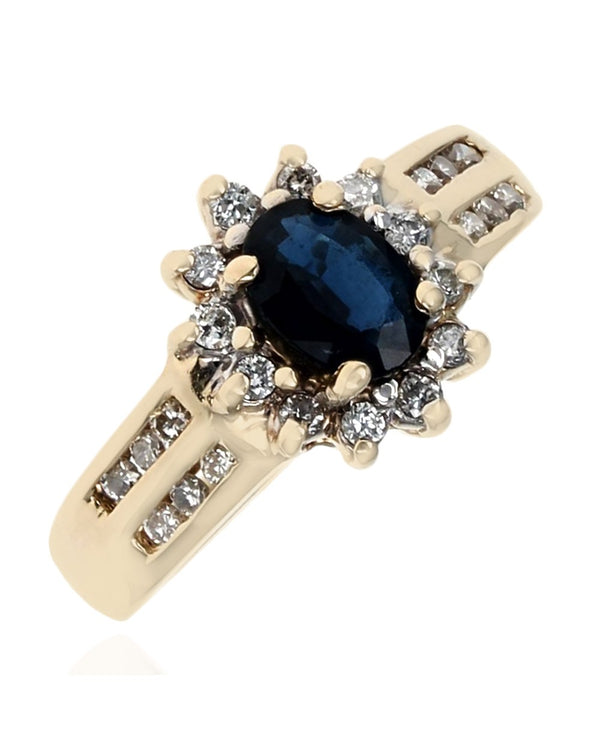 Dark Blue Sapphire and Diamond Halo Ring in Yellow Gold