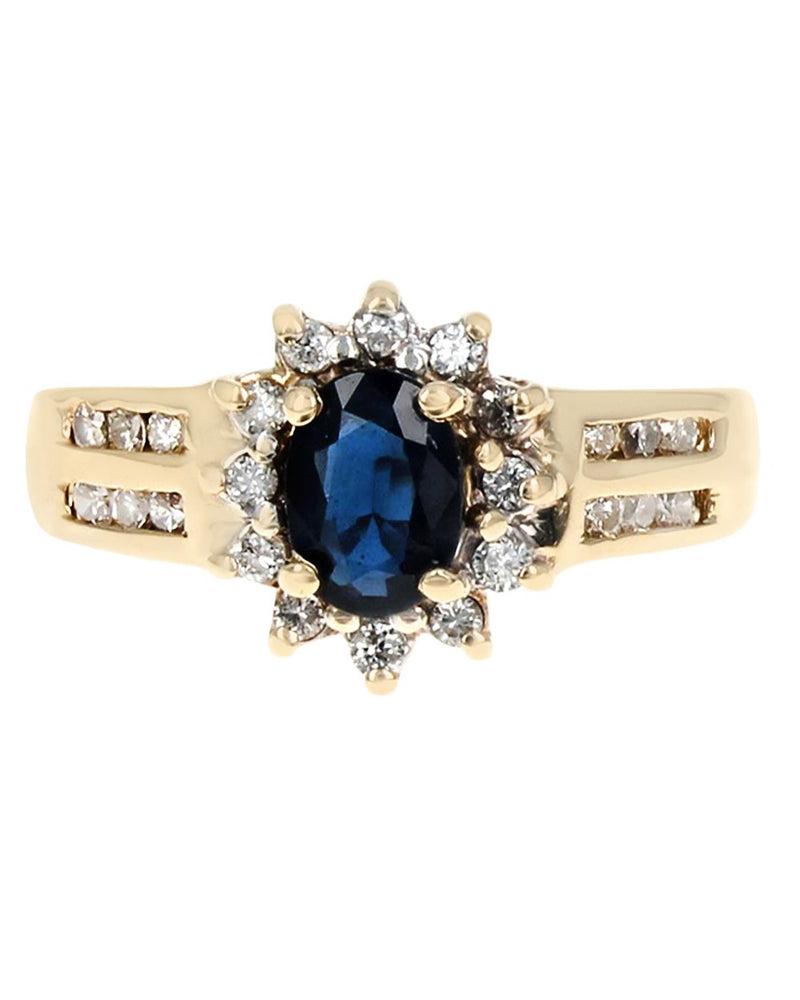 Dark Blue Sapphire and Diamond Halo Ring in Yellow Gold