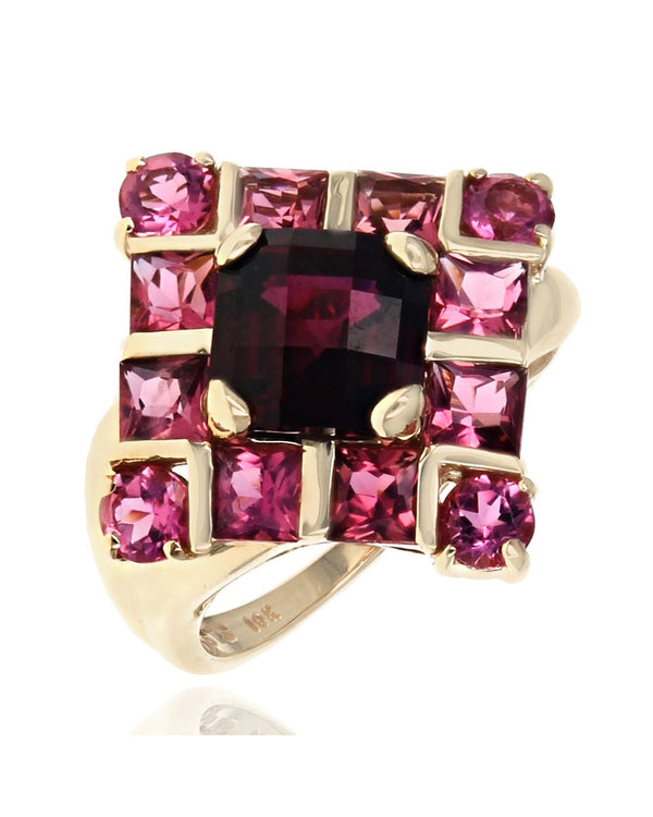 Garnet and Pink Tourmaline Kite Shape Ring in Yellow Gold