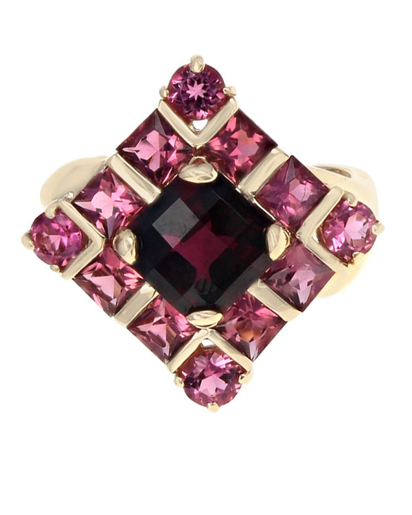 Garnet and Pink Tourmaline Kite Shape Ring in Yellow Gold