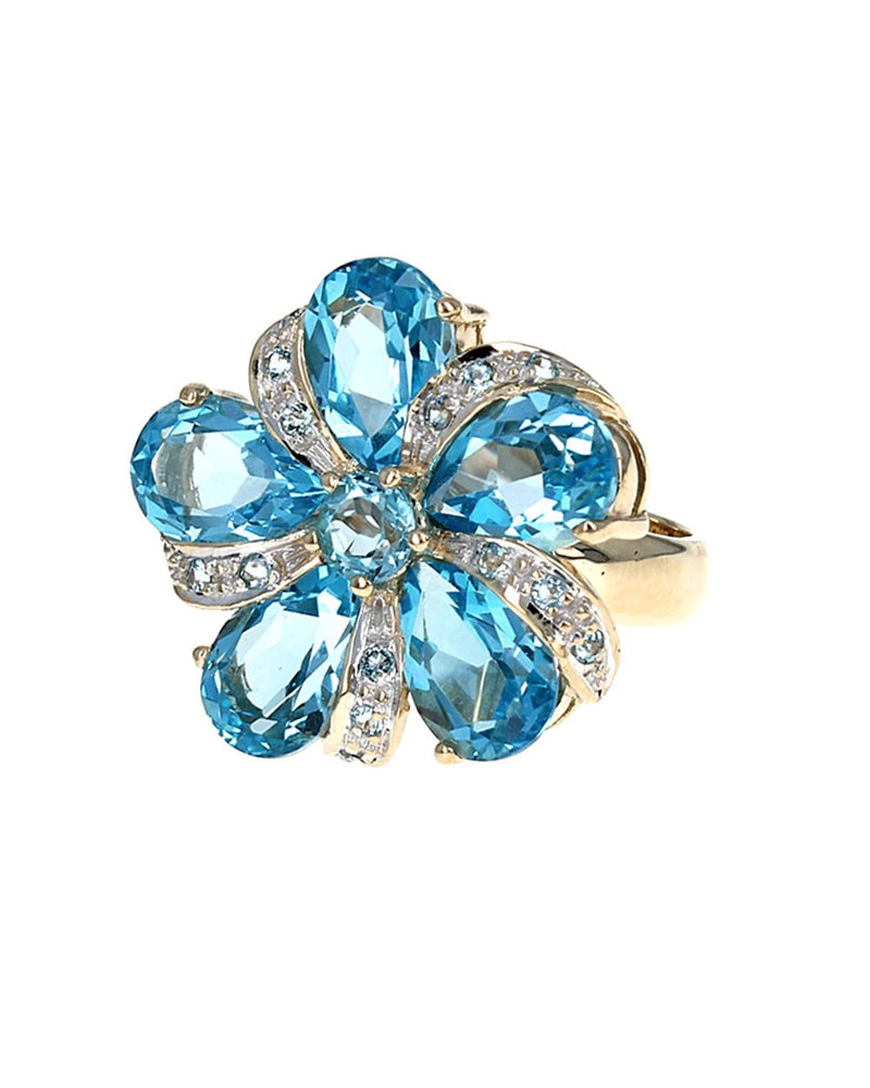 Swiss Blue Topaz Flower Ring in Yellow Gold