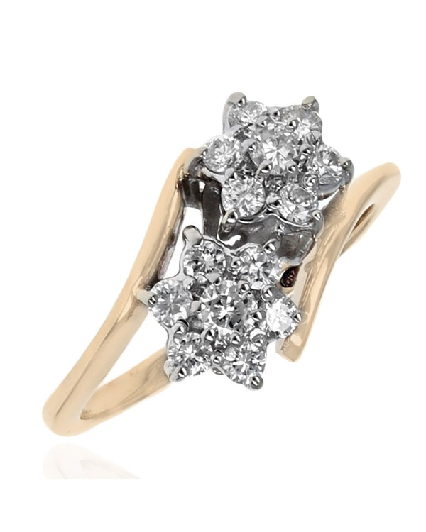 Diamond Flower Bypass Ring in White and Yellow Gold