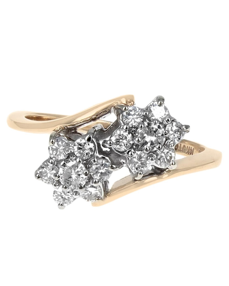 Diamond Flower Bypass Ring in White and Yellow Gold