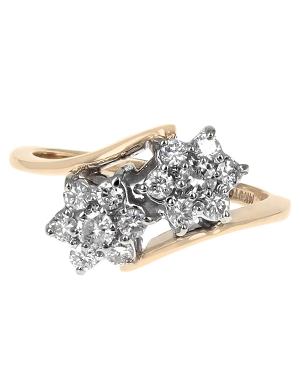 Diamond Flower Bypass Ring in White and Yellow Gold