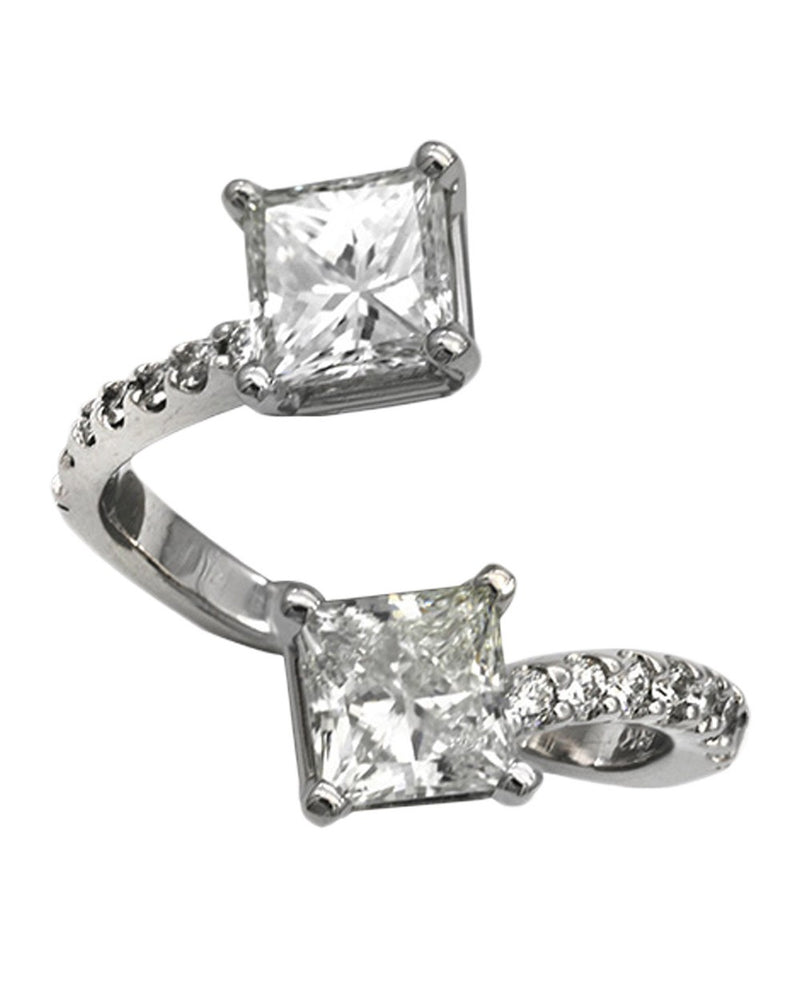 Handmade Princess Cut Diamond Bypass Ring in 18KW