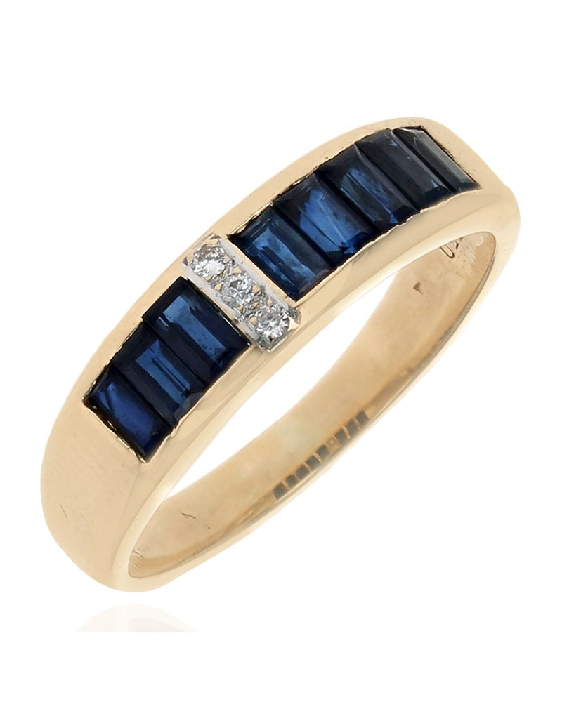 Gentlemen's Blue Sapphire and Diamond Accent Tapered Band in Yelllow Gold