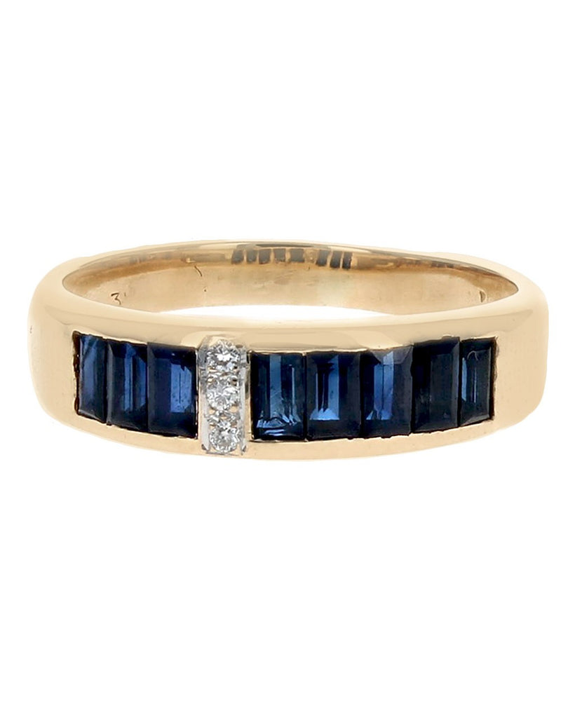 Gentlemen's Blue Sapphire and Diamond Accent Tapered Band in Yelllow Gold