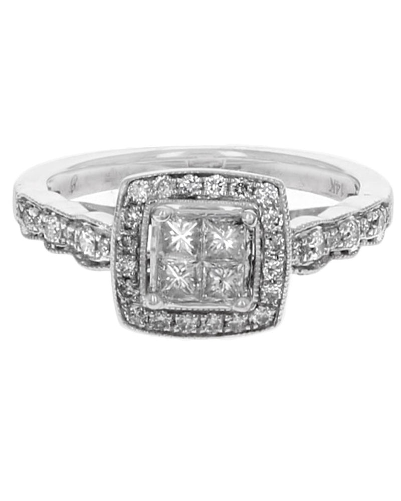 Diamond Square Halo Milgrain Accent Engagement Ring in White Gold