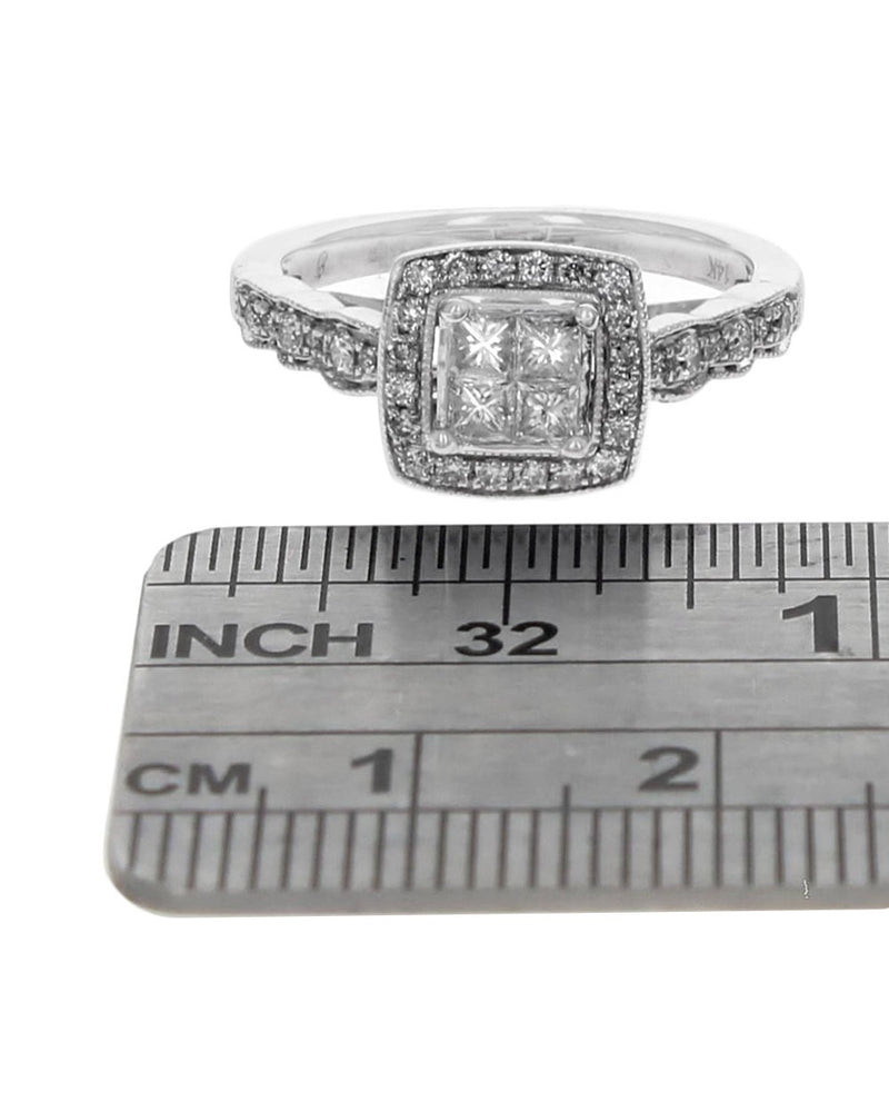 Diamond Square Halo Milgrain Accent Engagement Ring in White Gold