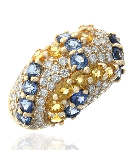 Blue and Yellow Sapphire Diamond Pave Dome Ring