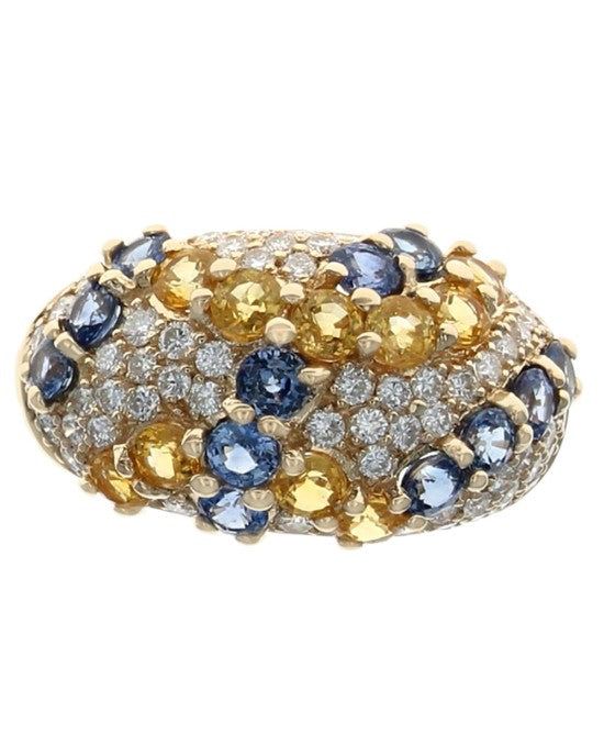 Blue and Yellow Sapphire Diamond Pave Dome Ring