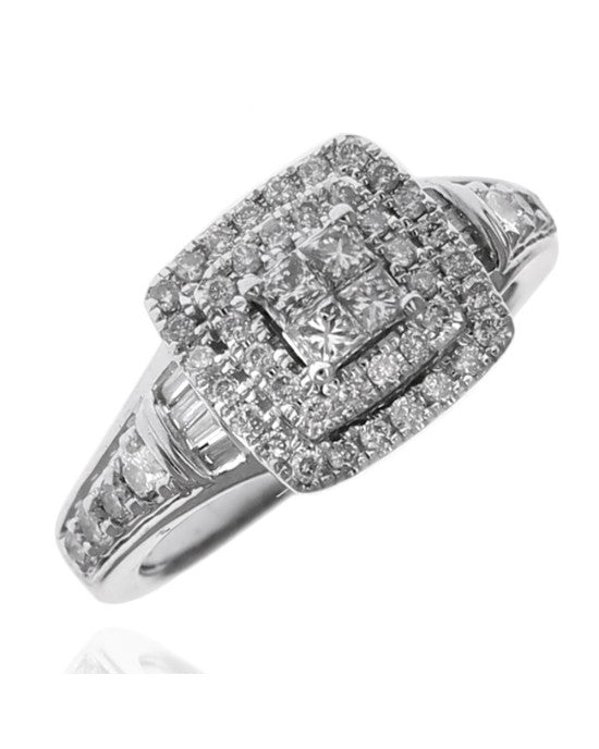 Mixed Cut Diamond Square Double Halo Engagement Ring in White Gold