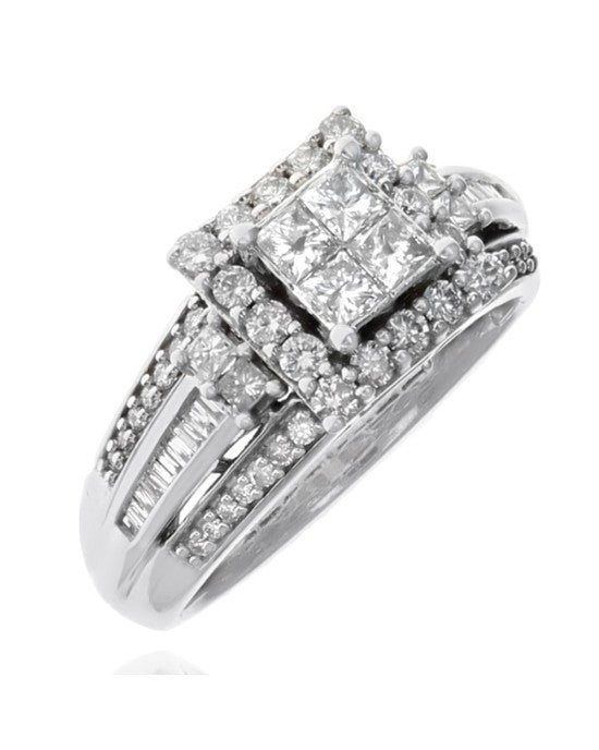 Mixed Cut Diamond Square Halo Engagement Ring in White Gold