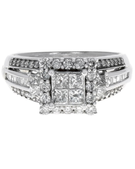 Mixed Cut Diamond Square Halo Engagement Ring in White Gold