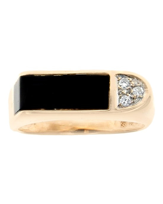 Black Onyx and Diamond Flat Top Ring in Yellow Gold