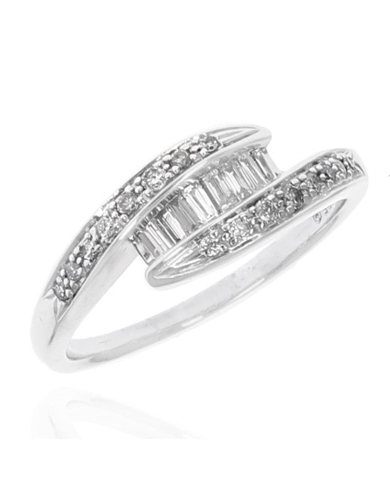 Round and Baguette Diamond Bypass Ring in White Gold