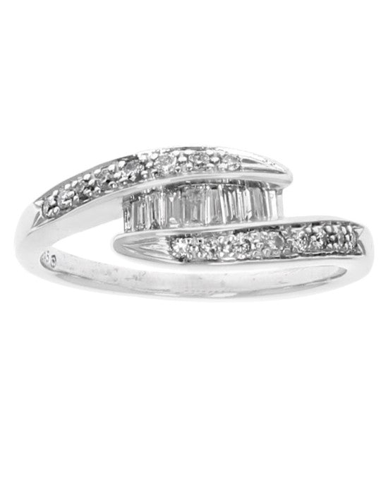 Round and Baguette Diamond Bypass Ring in White Gold