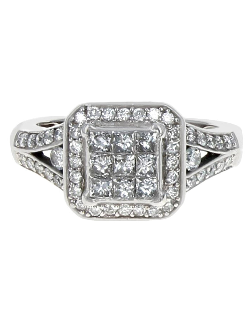 Diamond Square Halo Split Shank Engagement Ring in White Gold