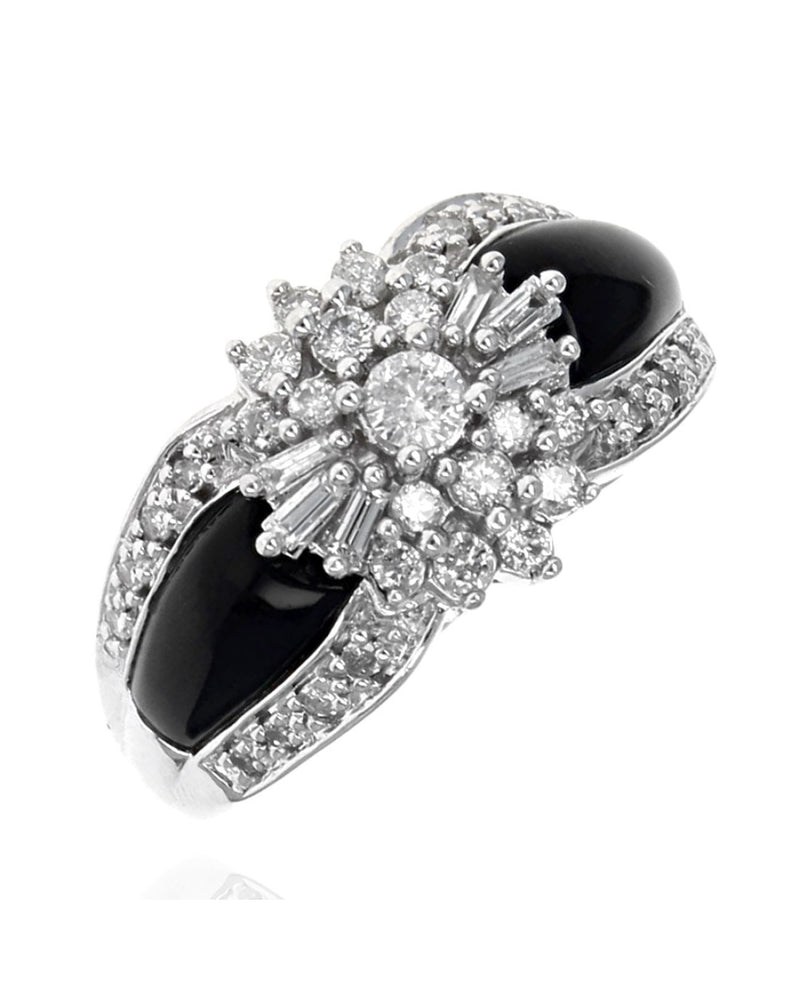 Black Onyx and Diamond Cluster Fashion Ring in White Gold