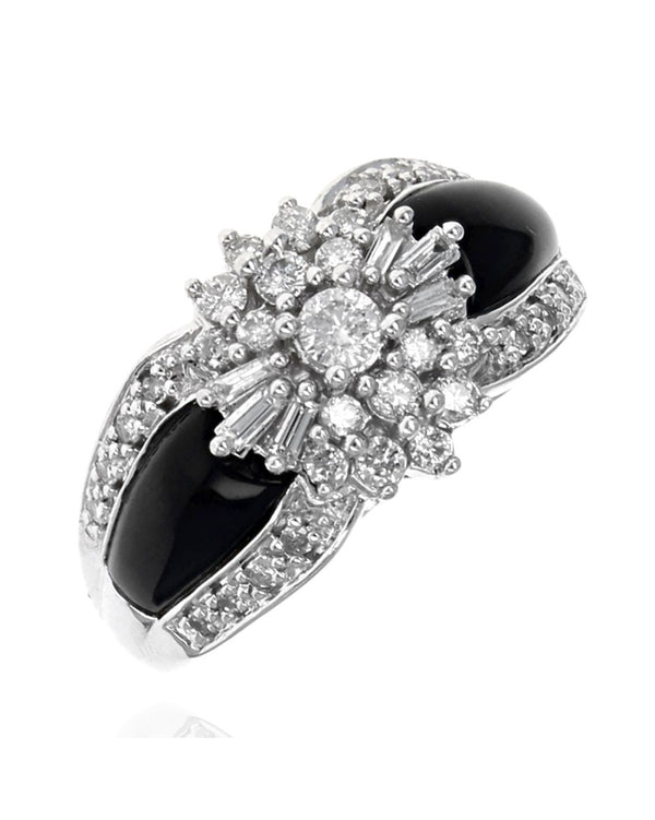 Black Onyx and Diamond Cluster Fashion Ring in White Gold
