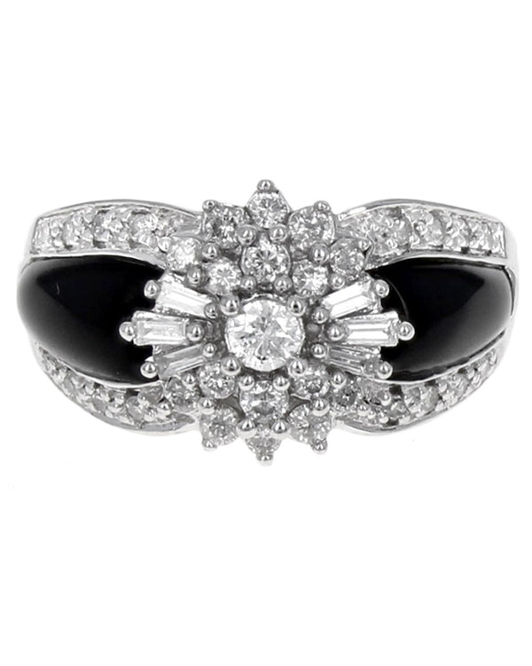 Black Onyx and Diamond Cluster Fashion Ring in White Gold