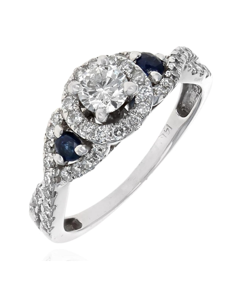 Diamond and Sapphire Halo Engagement Ring in White Gold