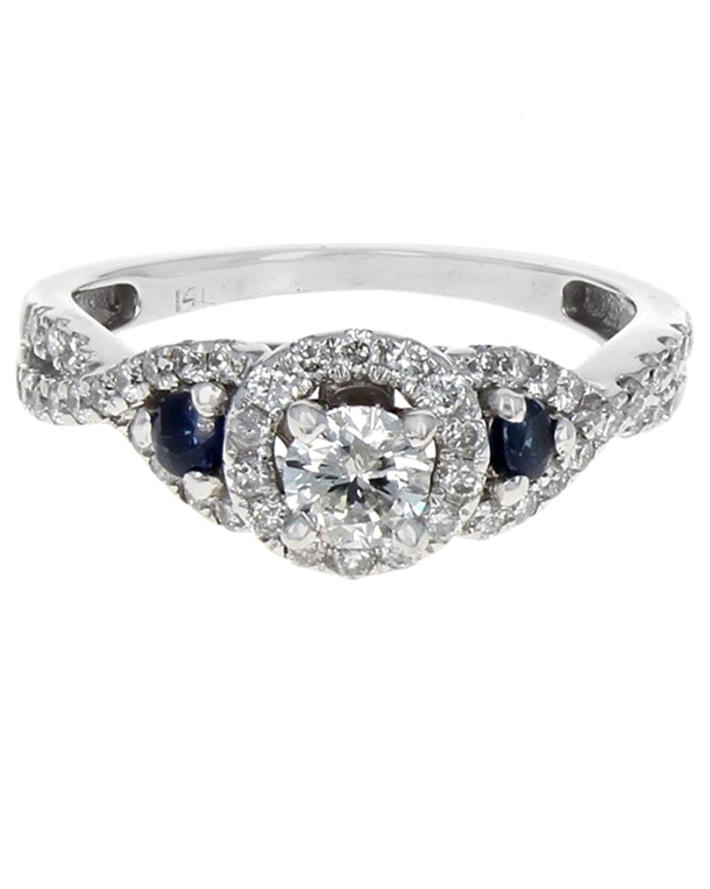 Diamond and Sapphire Halo Engagement Ring in White Gold