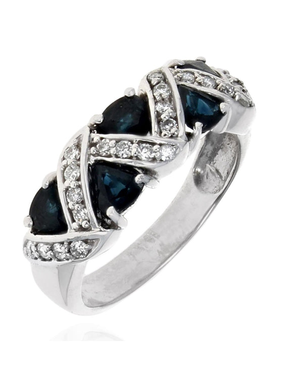 Blue Sapphire and Diamond Tapered Ring in White Gold