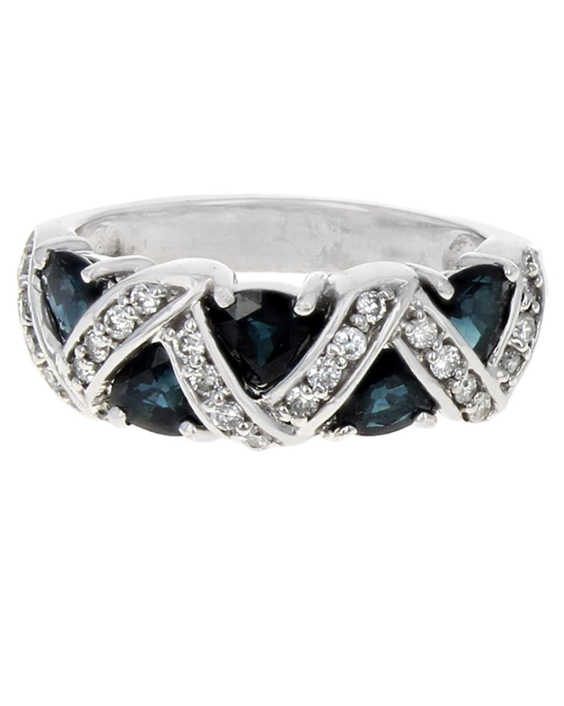 Blue Sapphire and Diamond Tapered Ring in White Gold