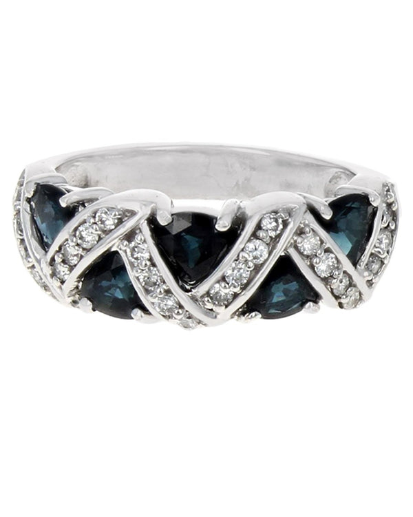 Blue Sapphire and Diamond Tapered Ring in White Gold