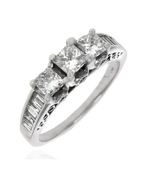 3 Stone Princess Diamond, Baguette and Round Diamond Ring