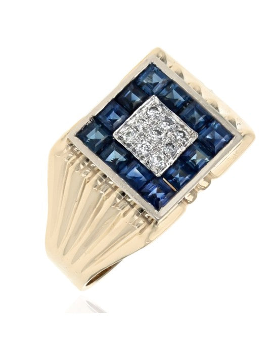 Blue Sapphire and Diamond Square Top Ring