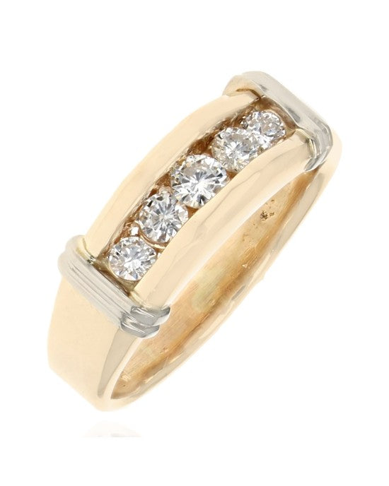 Gentlemen's Diamond Fluted Accent Tapered Ring in White and Yellow Gold